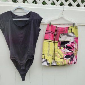 Linda Sigal geometric-designed skirt & Boston Proper Black solid bodysuit